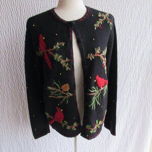 Vintage Womens Embroidered Red Bird Erika Gold Beads Crewel Black Sweater Medium